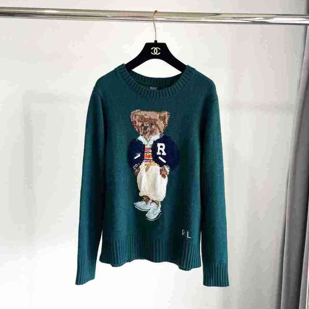 Green Polo Ralph Lauren Classic Varsity Polo Bear Graphic Knit Crew Sweater